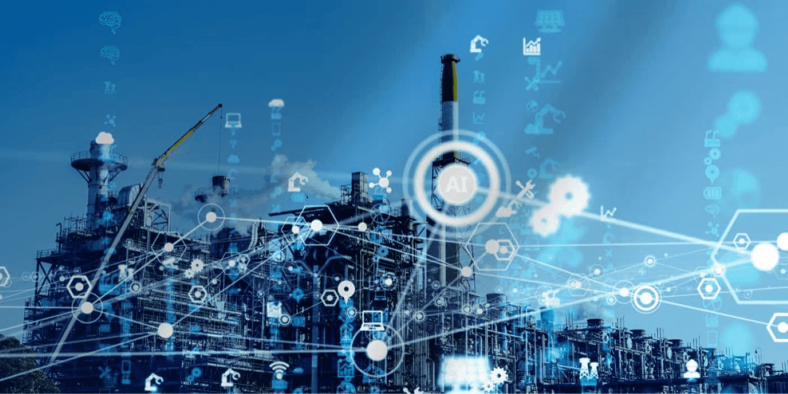 Depicts an industrial facility overlaid with digital networks, representing AI integration in manufacturing