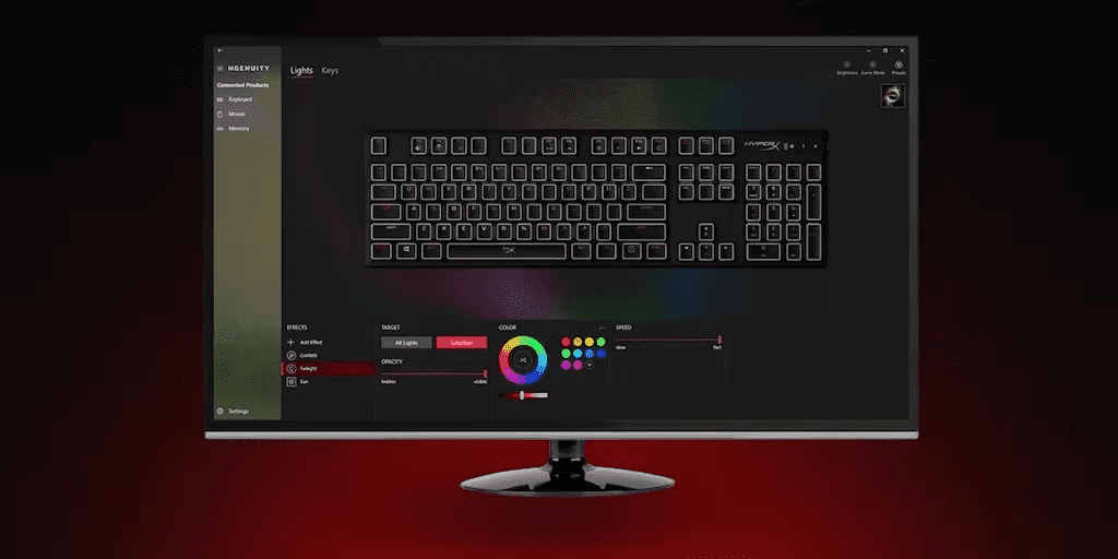 Computer monitor with the HyperX NGENUITY software, used to customize the RGB lighting effects of a keyboard.