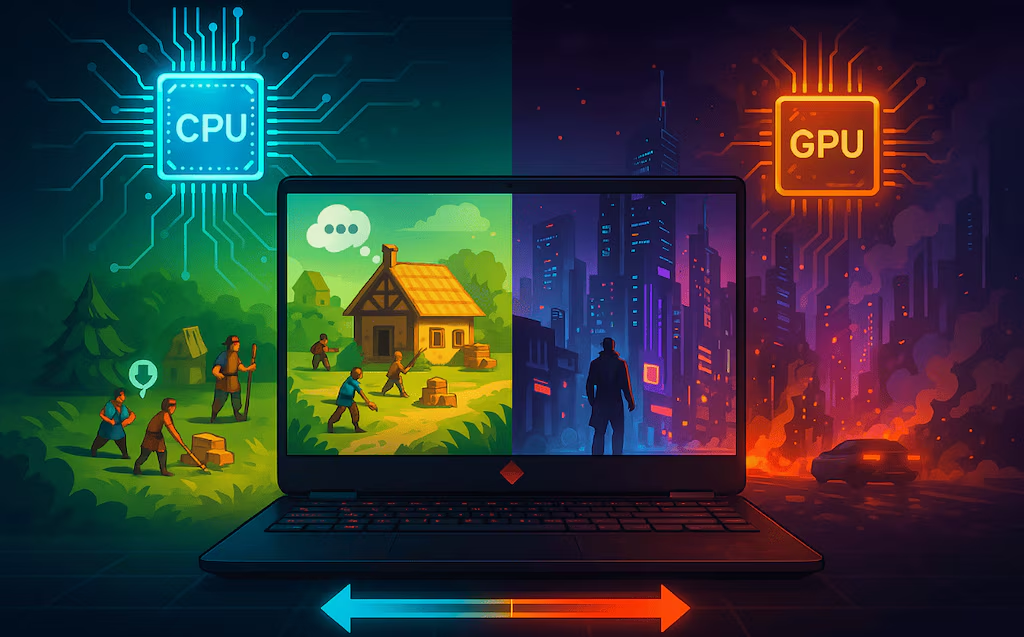 A stylized split-screen illustration of a laptop displaying two gaming worlds a colorful countryside village scene