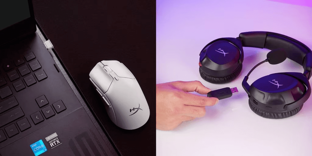 Split image showing a white HyperX wireless mouse next to a laptop keyboard on the left, and a hand holding a USB dongle next to black HyperX wireless headphones with purple lighting on the right